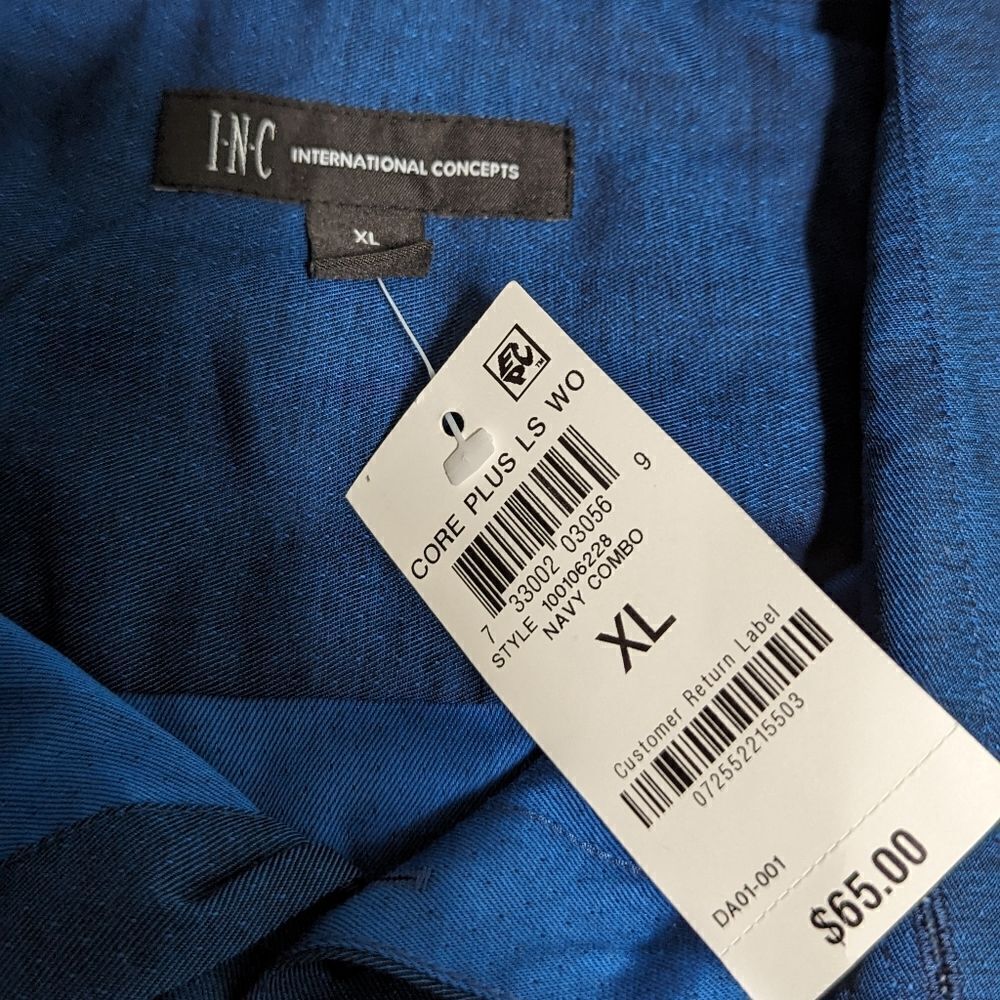 NWT Men's INC Pindot Colbot/Navy Blue Long Sleeve Dress Shirt